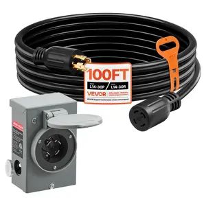 【Summervibes】VEVOR 30 Amp Generator Cord and Power Inlet Box, 100 FT, 125/250V NEMA L14-30P to L14-30R Heavy Duty Extension Power Cord, SJTW 10AWG 7500W, Pre-Drilled Inlet Box, for Generator to House, ETL Listed