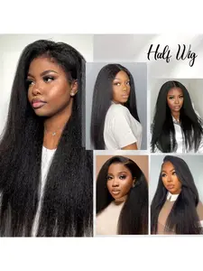3-in-1 Versatile Half Wig: Instant Volume & Length | Wear As A Ponytail, Headband Wig Or U-Part | Human Kinky Straight | No Glue, Adjustable Drawstring for Secure Fit Snug Fit Wig