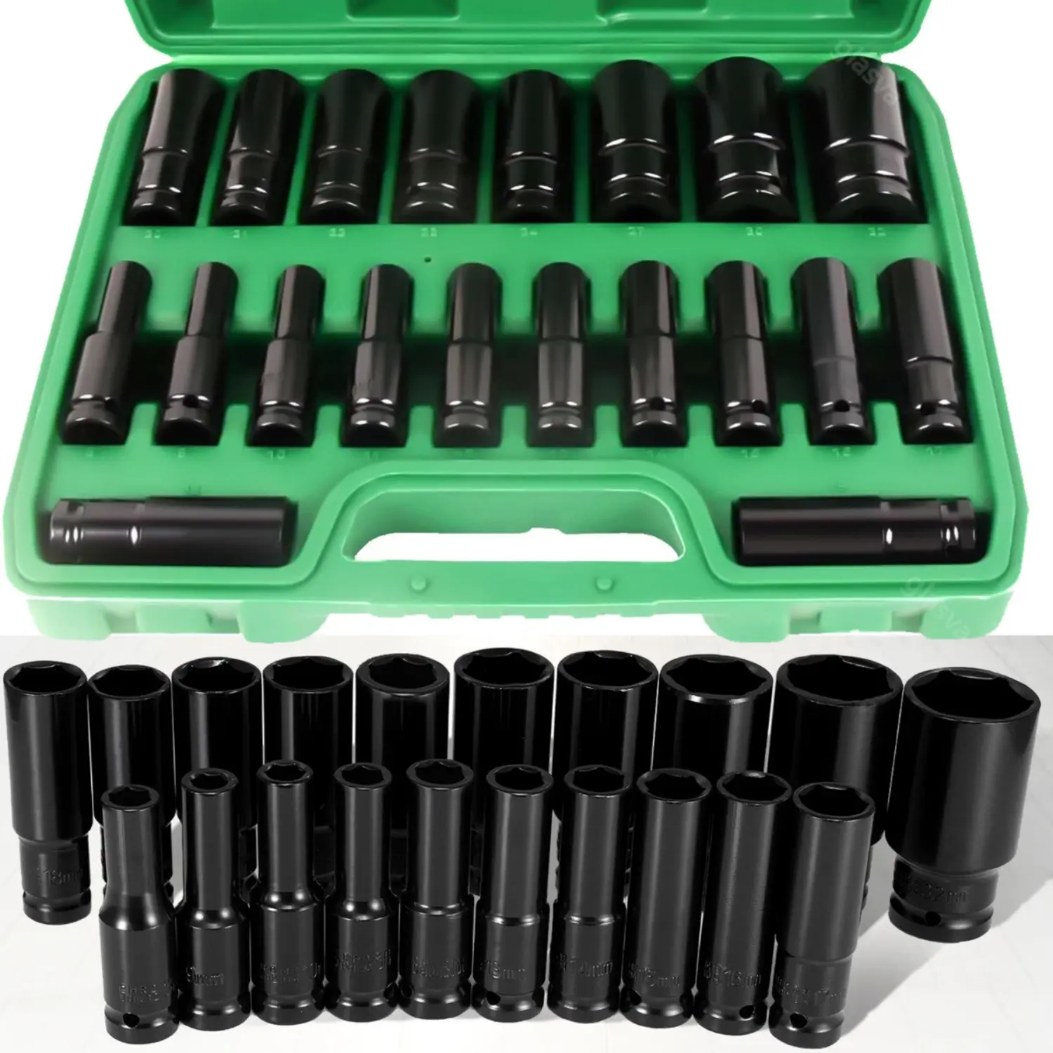 20pcs Chrome Vanadium Steel 1/2-Inch Drive Deep Well Impact Sockets Set, 8mm-32mm with Laser Markings, Storage Case for DIY Pros, Millimeters