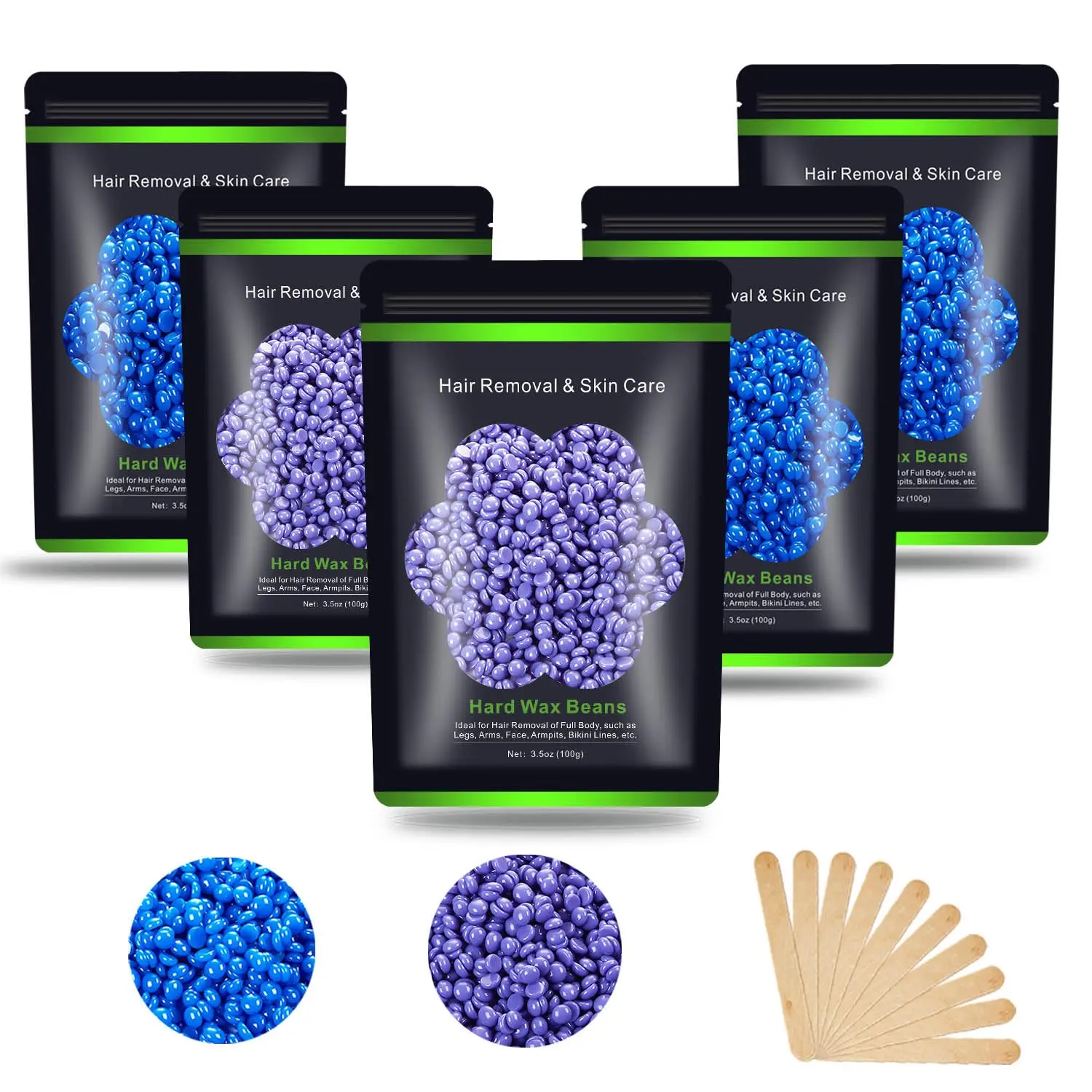 Wax Beads for Hair Removal 1.1 lb (17.6 oz), Hard Wax Waxing Beads Kit for Sensitive Skin, Face, Bikini, Eyebrow, Legs, Painless for Women Men, 5 packs with 10 Sticks