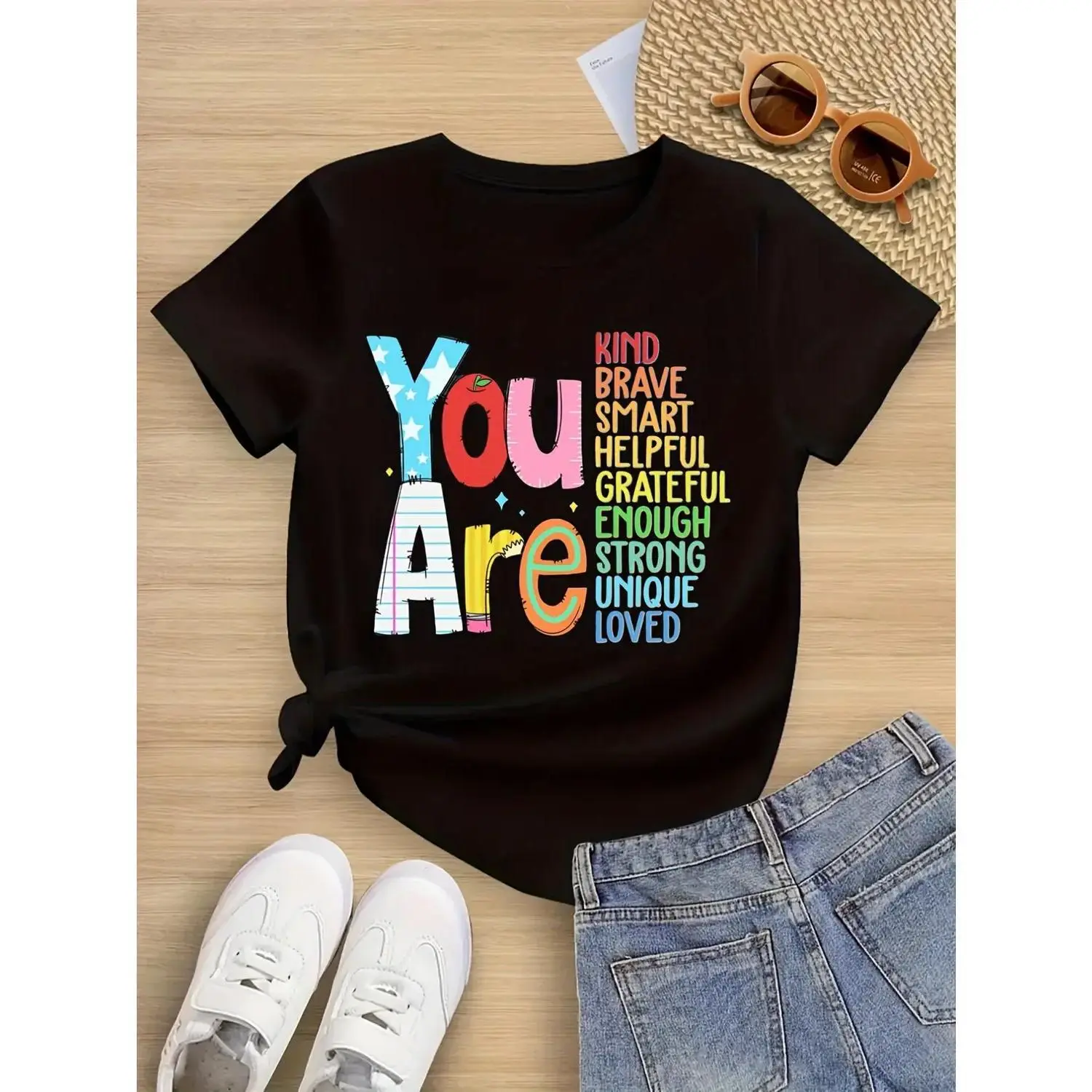 Girls' Fitted Basic 100% Cotton Crew Neck Cool Graphic Tee, 'You Are' Inspirational Star & Confetti Print, Soft Breathable Back to School Shirts for Girls Kids' Fashion Top, Fashion T Shirt, Graphic Printed Tees, Back To School Clothes, Kids Clothing Girl