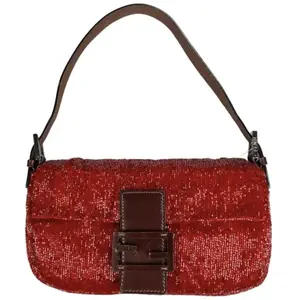 Pre-owned FENDI Beaded Leather Baguette Red Metallic Beaded Brown Leather Strap Shoulder Flap Bag Purse