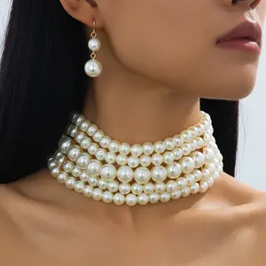 Multi-Layered Imitation Pearl Choker & Earring Set - Women’s Vintage Glamorous Jewelry