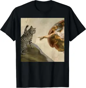 100% Cotton Top Funny Cat Meme in Creation of Adam Parody T-Shirt