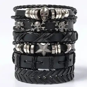 6pcs Braided Leather Wide Wristband, Skull Bracelets, Unique Vintage Bracelets, Handmade Leather Bracelets for Men and Women, Fashion Leather Bracelet, Suitable for Bikers, Rock Musicians, Fashion Statement Piece, Braided Wristband