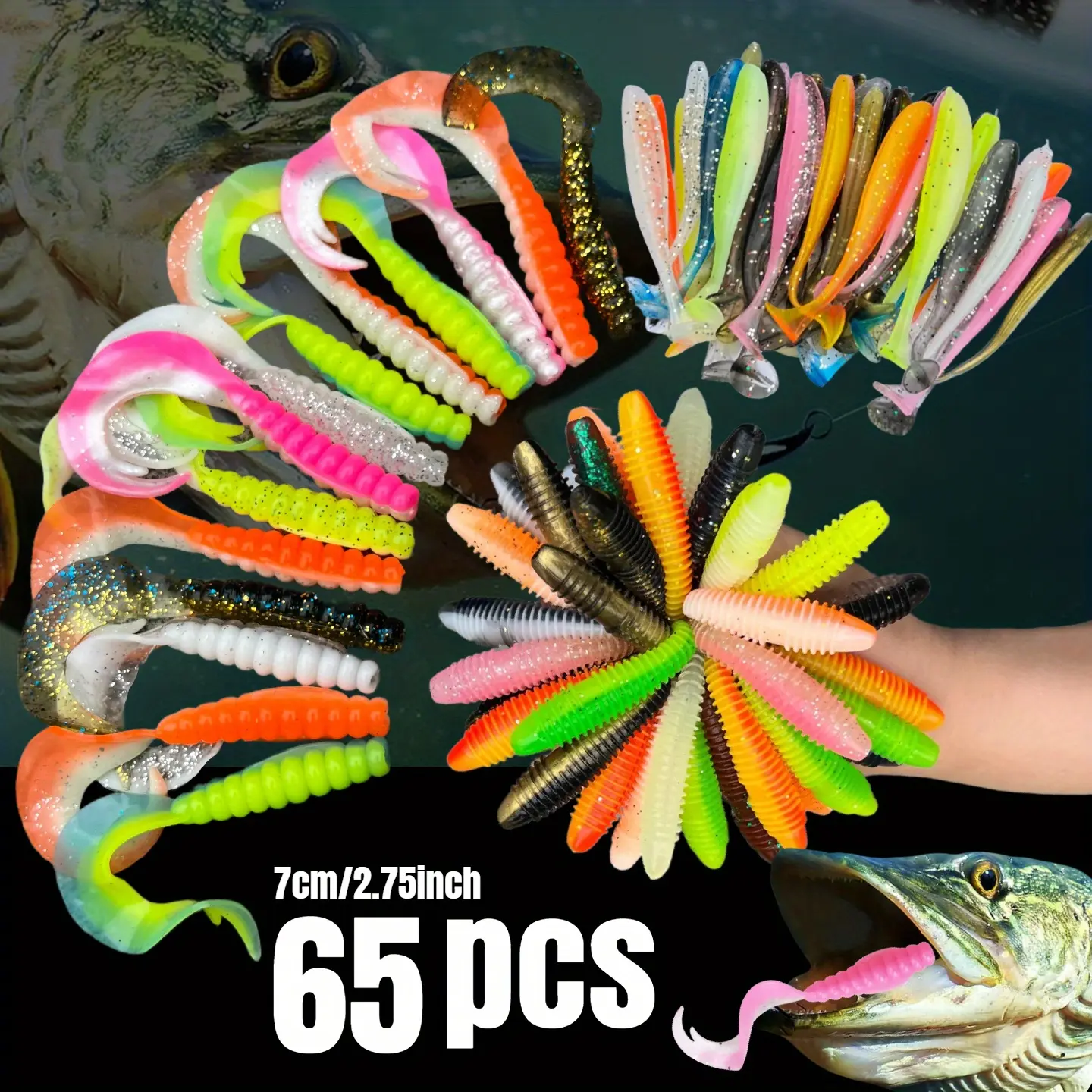 65pcs multi-style soft bait set 7cm/2.75inch soft bait, suitable for various types of fish, different swimming actions make it a gift for fishing enthusiasts, Artificial Fishing Lure, Soft Fishing Lures