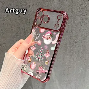 Compatible with Phone Case iPhone 17 Pro Max 16 15 Plus Air 14 13 12 11 E Pink Christmas Pattern Transparent Full Coverage Four Corners Anti-drop Casing