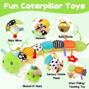 Caterpillar plush toy with a soft touch, combined with music and rustling sounds—various textures, cute Caterpillar stuffed toy, suitable for both boys and girls, is an ideal birthday and holiday gift, serving as a bedtime companion and aiding sensory dev