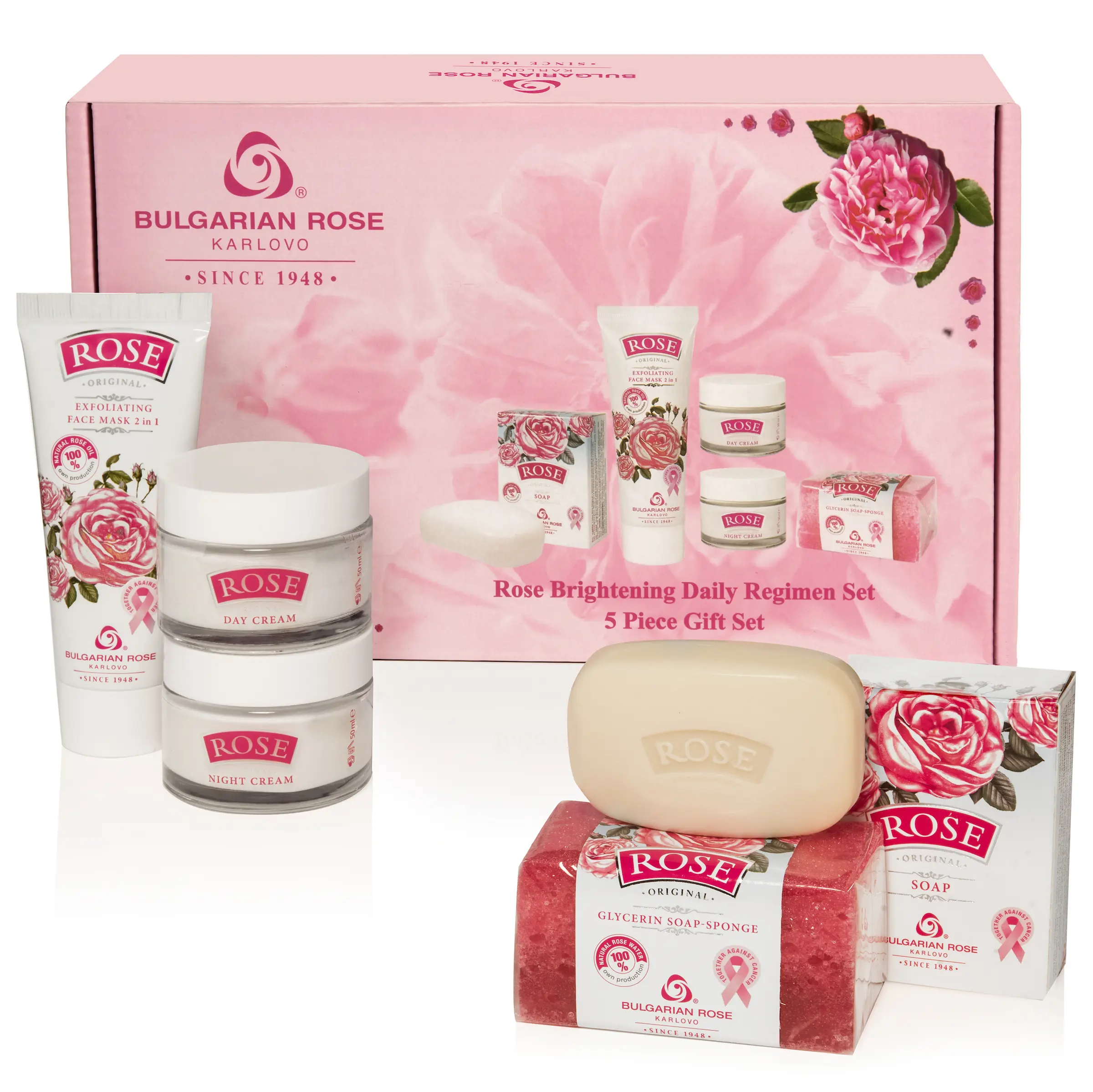 Bulgarian Rose Moisturizing Daily Regimen 5 Piece Gift Set - Rose Day Cream, Rose Night Cream, Exfoliating Face Mask, Rose Soap, Rose Soap Sponge Gentle Moisture
