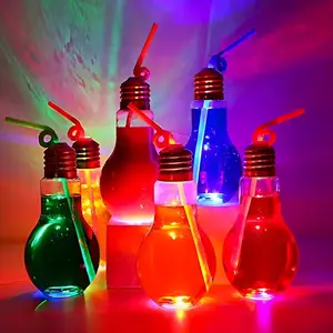 Light Bulb Cup with LED Lights, Straw Hole, Fillable Fun Creative Drinking Cup, Cocktail Cup, Slushy Cup, Plastic Light Bulb Shaped Bottles, Reusable, Party Favors or Candy Holders 10 OZ (300ML) Drinkware