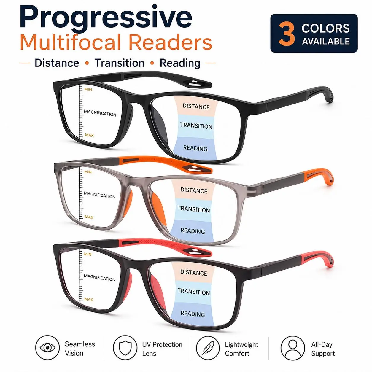 Progressive Multifocal Reading Glasses for Men and Women, Blue Light Filtering Computer Readers with HD Clear Lenses, Lightweight Oversized Spring Hinge Frames