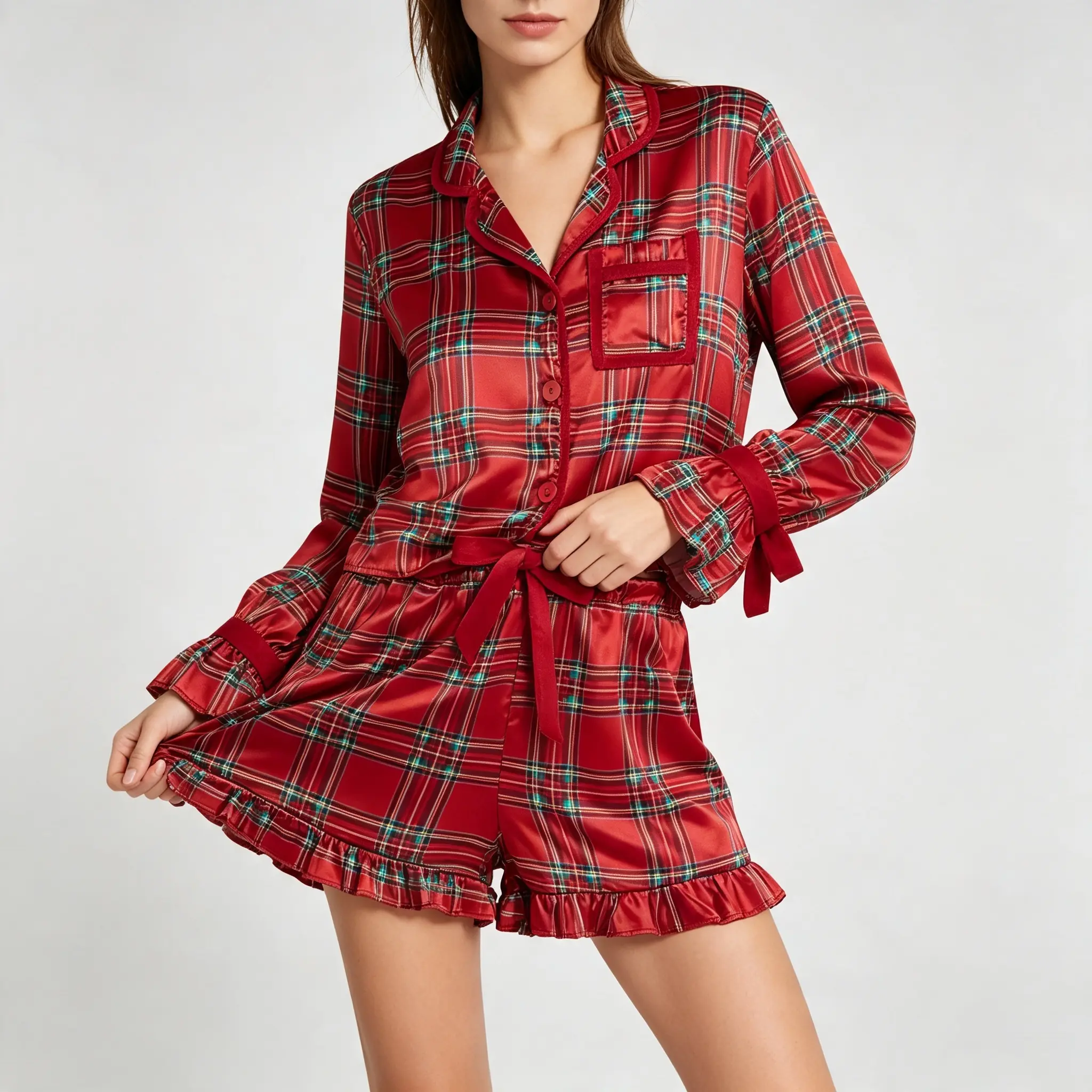 Women Christmas Pajamas Set 2 Pieces Loungewear Suits Bow/Cartoon/Plaid Print Long Sleeve Shirts Tops Shorts Sleepwear Outfits