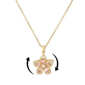 Rotatable Flower Pendant Necklace for Women, Summer Rhinestone Charm, Perfect for Daily Wear & Parties