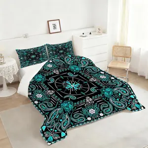 2/3Pcs Teal Sugar Skull Bandana Comforter Set, Elegant Black Bedding Set with Floral and Paisley Accents, Unique Day of the Dead Design for Stylish Bedroom Décor, Soft and Cozy Quilt! 1 or 2 Pillowcase No Pillow Core