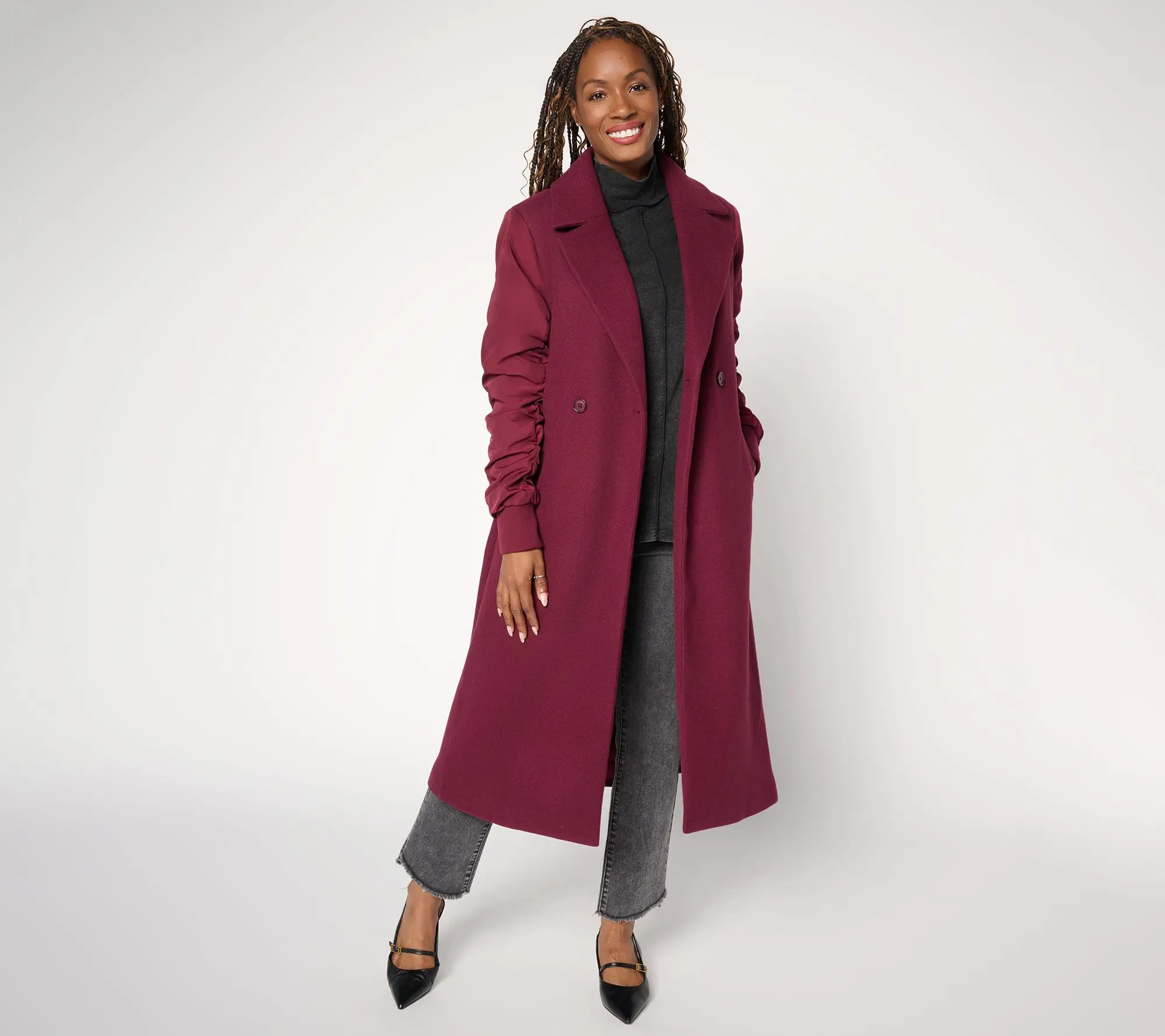 LOGO by Lori Goldstein Petite Ruched Sleeve Long Coat