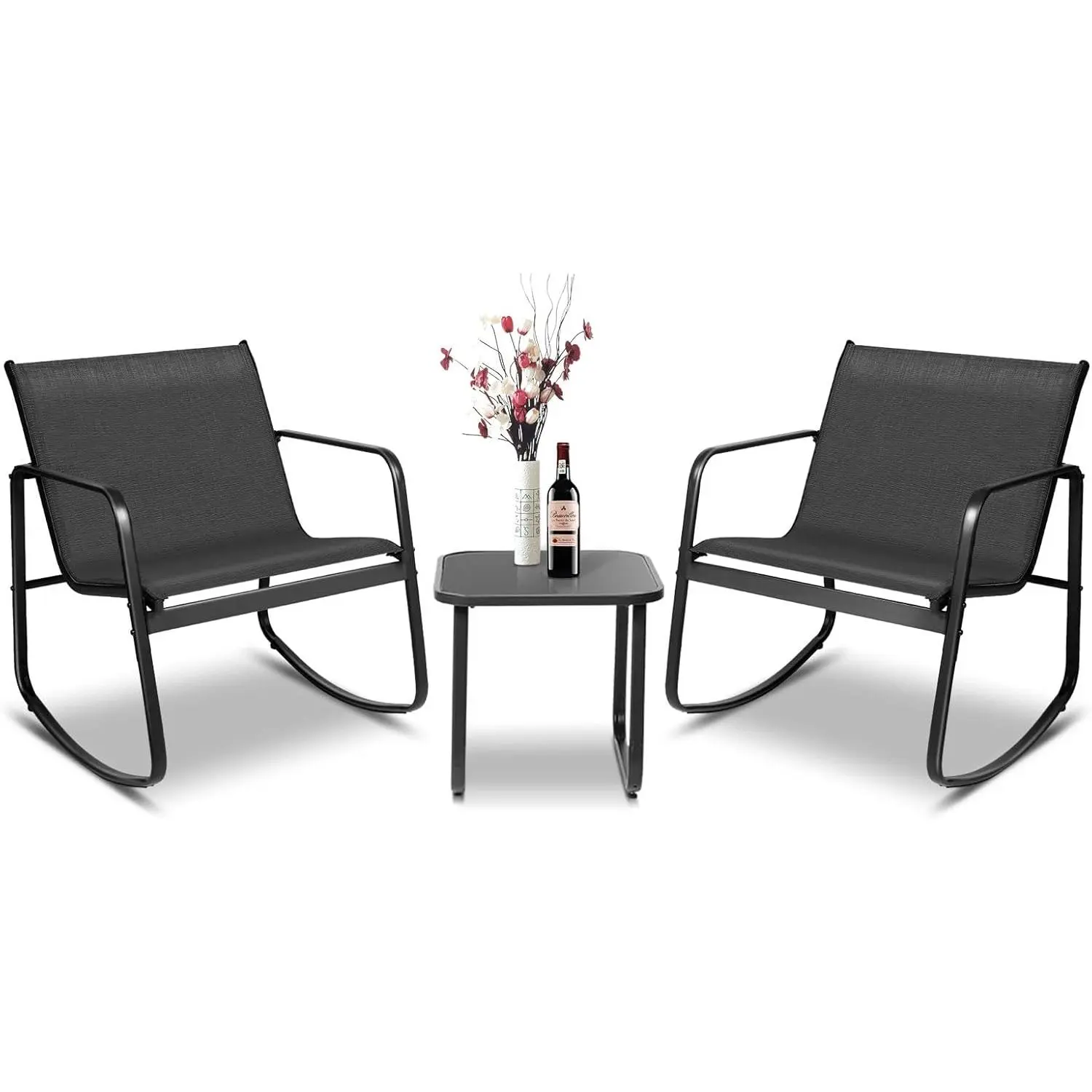 INTERGREAT 3-Piece Outdoor Rocking Bistro Set, Outdoor Furniture Set with Patio Rocking Chairs, and Glass-Top Table, Small Conversation Set of 3 for Porch, Lawn, Garden, Yard, Balcony, Poolside#Summervibes
