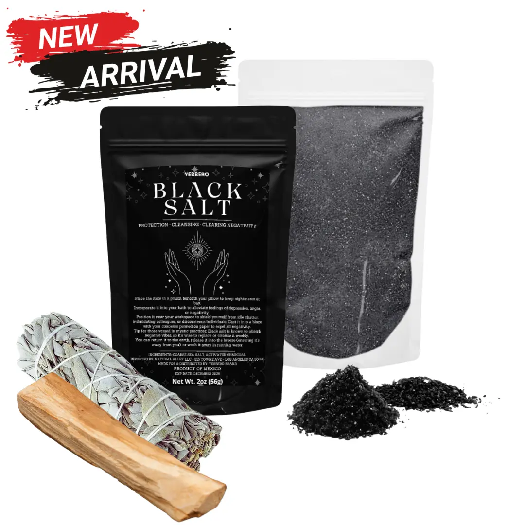 Witchcraft Cleansing 3-Pack Kit - Black Salt Bath Additive (2oz/56g) Protection, Cleansing Bath Additive Single Item, 4in Sage & 4in Palo Santo for Wiccan Spiritual Rituals