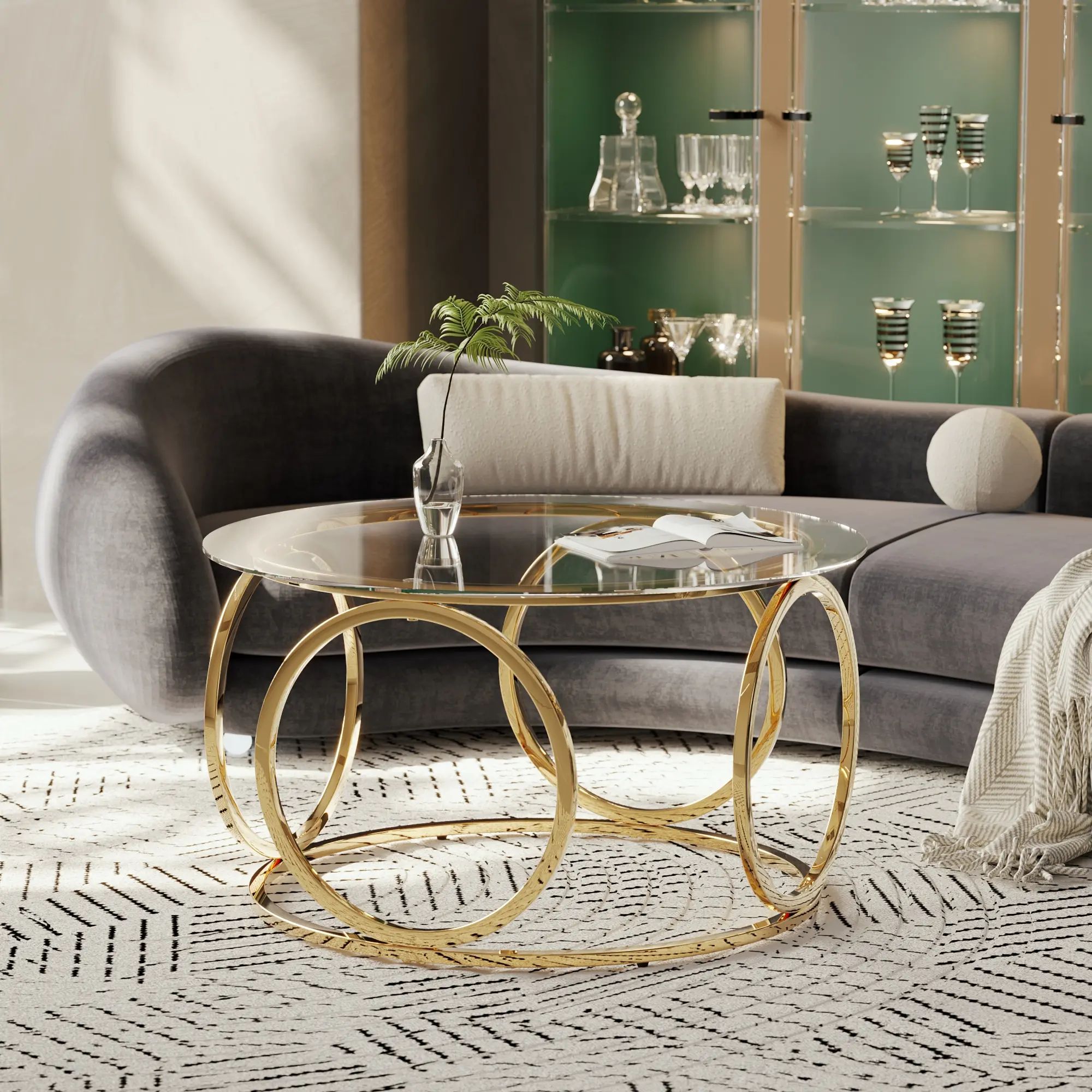 31.5-in Diameter Modern Round Shatter-Safe Glass Top Coffee Table - Gold Stable Circular Metal Airy Interlock Base, 150lb Capacity Focal Point Accent Table for Living Room, Office, Coffeetable