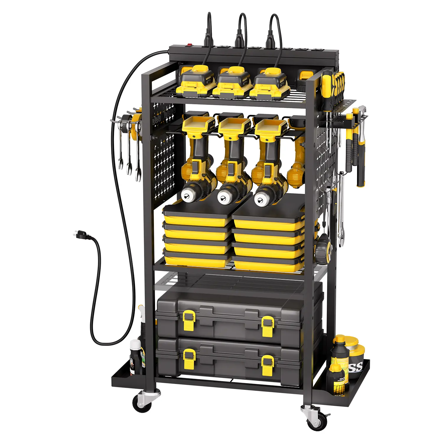【Summerfinds】VEVOR Heavy Duty Steel Frame 4-Tier Rolling Power Tool Organizer Cart with Charging Station, 8 AC Outlets, Roller Base, 150 lbs Capacity, Drill Slots, Lockable Storage Rack for Workshop, Garage, Lockable Tool Storage