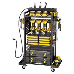 VEVOR 4-tier Tool Organizer Cart with Charging Station,  8 AC Outlet, Floor Stand Rolling Drill Holder and Tool Battery Storage Rack on Wheels, Garage Floor Rolling Storage Cart for Workshop, Garage