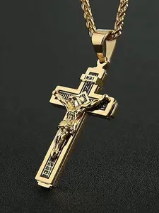 Catholic Jesus Christ Cross Pendant Necklace — Gold & Silver-Tone Stainless Steel — Includes 24-Inch Stainless Steel Chain. A Stainless Steel Cross Necklace for Adults (Men & Women) and Teens — A Perfect Christian Gift.