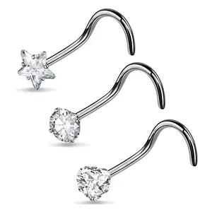 Oufer 20G 3PCS Titanium Star Nose Screw CZ Stud Pack Nose Piercing Ring