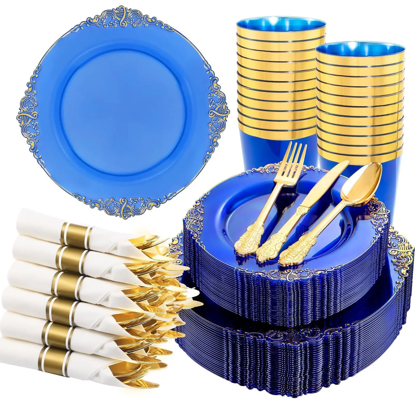 210 Pcs Blue Gold Plates Party Plates Set for 30 Guests, Includes 60 Heavy-duty Plates, 30 Pre Rolled Silverware, 30 Cups