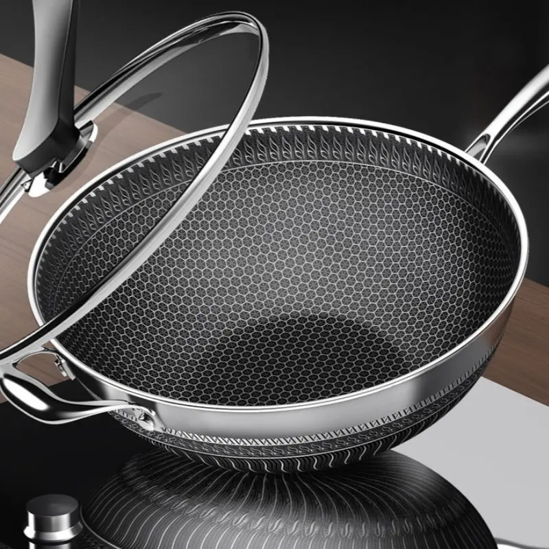 CNCEST 13.4 inches Magnetic Pan, 316 Surgical-Grade Steel Wok with Honeycomb Nonstick Durable Cooking Surface, 380°C Heat Resistant, Glass Lid Included, Gas & Induction Compatible, Dishwasher Safe, Durable Construction,familyfun