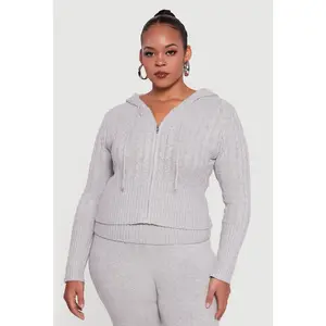 Plus Size Almost Famous Brushed Cable Knit Hooded Cardigan