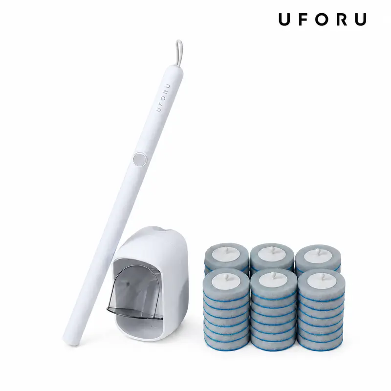 UFORU Durable Plastic Disposable Toilet Brush System with Wall-Mount Holder - Long Handle No-Touch Press-Release Scrubber, Built-In Cleaner Refills Wand, Compact Bathroom Accessories Set for Daily Use by Apartment Users, Dorms, Guest Restrooms