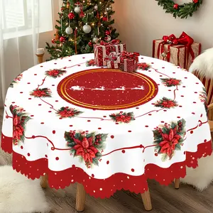 PLUMLIK Chic Christmas Tablecloth with Poinsettia Ribbon Christmas Flower Patterns, Christmas Decor 2025, Christmas Party Decoration for Home Indoor Outdoor, Vintage Round Rectangular Table Cloth, Holiday Dorm Kitchen Festive Decor, Christmas Gifts