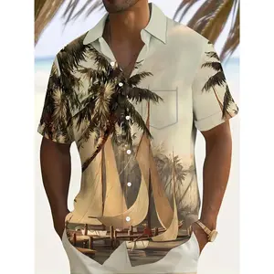 Men's Lightweight Short-Sleeve Button-Up Collar Shirt - Loose Fit Menswear with Polyester Fabric, Stretch, Print, Crew Neck for Vacation, Beach Use