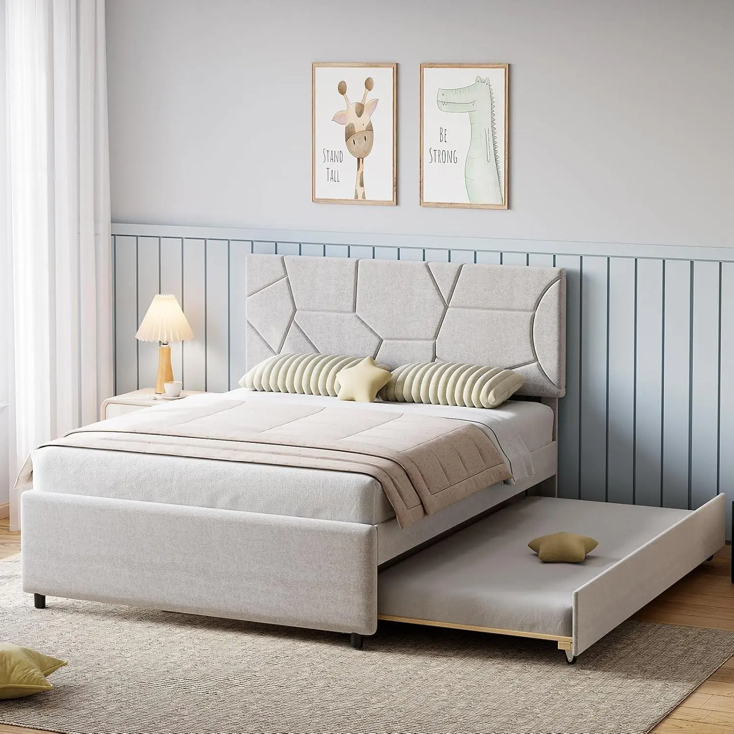 Gaomon Queen Size Modern Upholstered Platform Bed Frame with Twin Pull-Out Trundle, Headboard and Wood Slats, Sturdy Upholstered Platform Bed for Guest Rooms, Kids Rooms, Modern Upholstered Bed, Sturdy Platform Bed