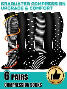 6 pairs of men's and women's compression socks wide calf men's and women's booster socks for circulation, running, nurses, pregnant women Support for blood circulation Various colour patterns available Athletic Running Socks