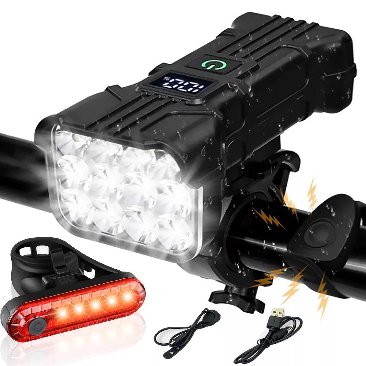 Compact Lightweight Bicycle Headlight and Tail Light Set, USB-C Rechargeable with LCD Display and 130dB Horn, Waterproof for All-Seasons Night Riding