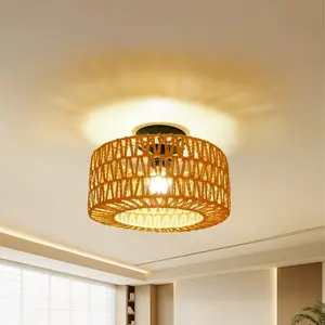 1 Pc Boho Light Fixtures Ceiling Mount,Mini Rattan Chandelier Light Fixture with Dimmable LED Bulb,Hand Woven Ceiling Light Fixtures Flush Mount for Hallway Bedroom Kitchen Entryway Living Room