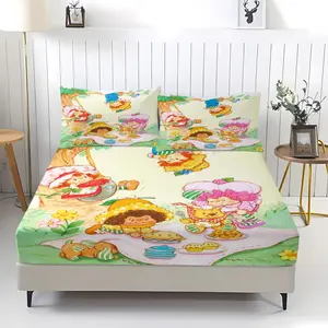 Strawberry Shortcake Themed Fitted Sheet,Colorfast,Including 1 Bed Sheet and 2 Pillowcases,The Non Slip Dust Cover is Suitable for Children, Teenagers and Adults Bedrooms and Guest Rooms,Suitable for Personal Use or as a Gift Bedding Set
