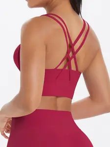 Women's Solid Criss Cross Back Sports Bra, Strappy Workout Bra, Breathable Comfortable High Stretch Sports Lingerie Top, Ladies Sportswear for Indoor Outdoor Wear, Strappy Sports Bras