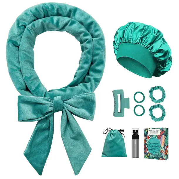 Mothers Day Gift No Heat Overnight Curl Headband, 70" Soft Ribbon Wrap for Long Hair, 9 PCS Hair Curling Rods Set - Blue Green