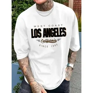 Cotton Short Sleeve  T-Shirt Vintage Style West Coast Los Angeles Print T-Shirt for Men - Casual Polyester Knit Fabric, Unisex, Summer Collection, Round Neck, Loose Fit, Elasticity, Printed Pattern Design, Plus Size