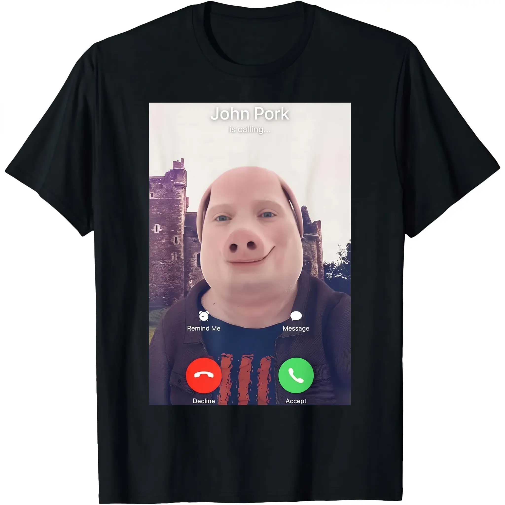 John Pork Is Calling Graphic Print Tee, Casual Short Sleeve Unisex T-Shirt with Funny Viral Pig Phone Call Meme, Machine Wash, Pig Call Art