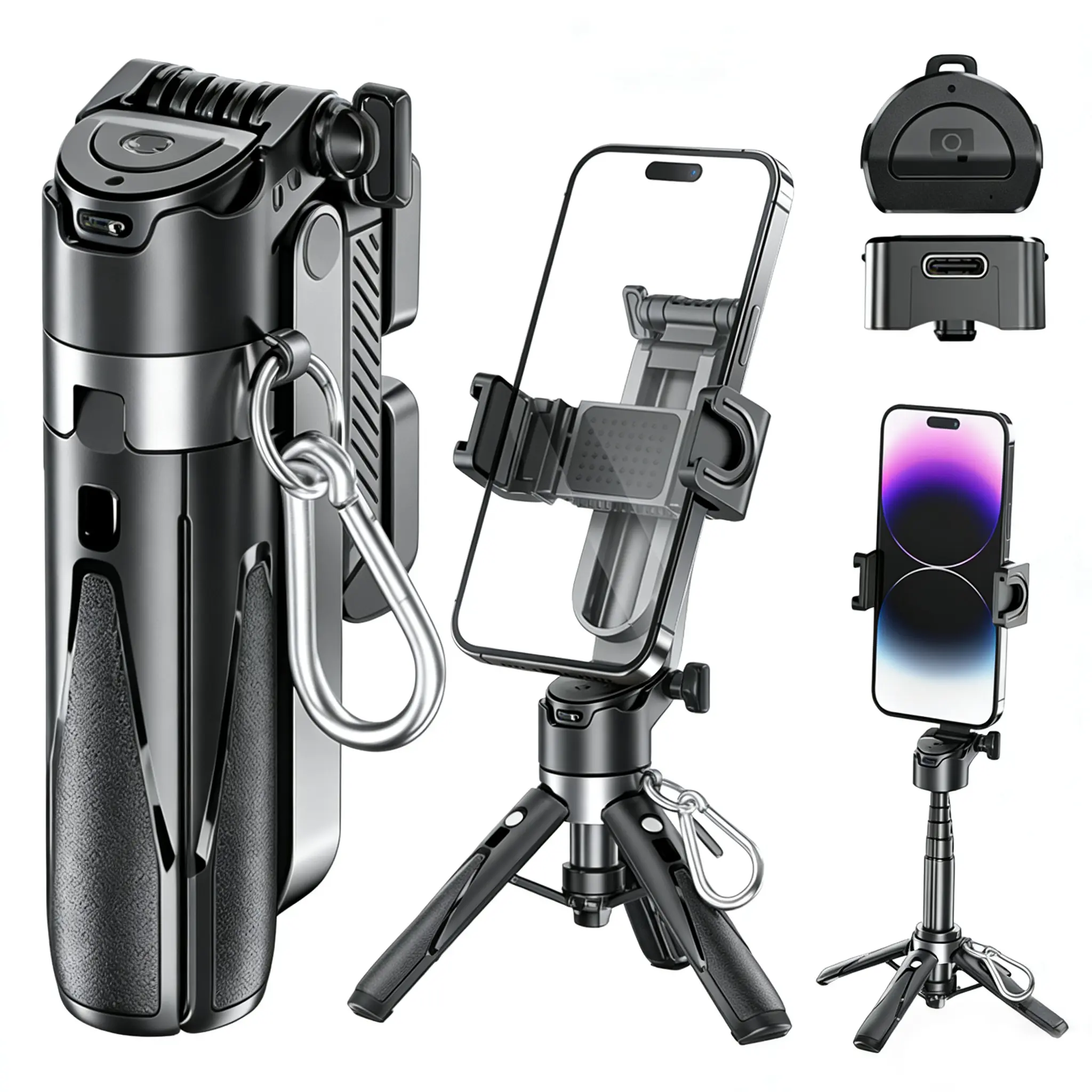 2026 New 5-in-1 Multifunctional Mini Wireless Selfie Stick for Smartphone, Android Mobile - 360° Rotatable, Compact Stylish Aluminium Bluetooth Remote, 21.2in Telescopic, Handheld Stabilizer/Phone Stand/Tripod, Vlogging Accessory