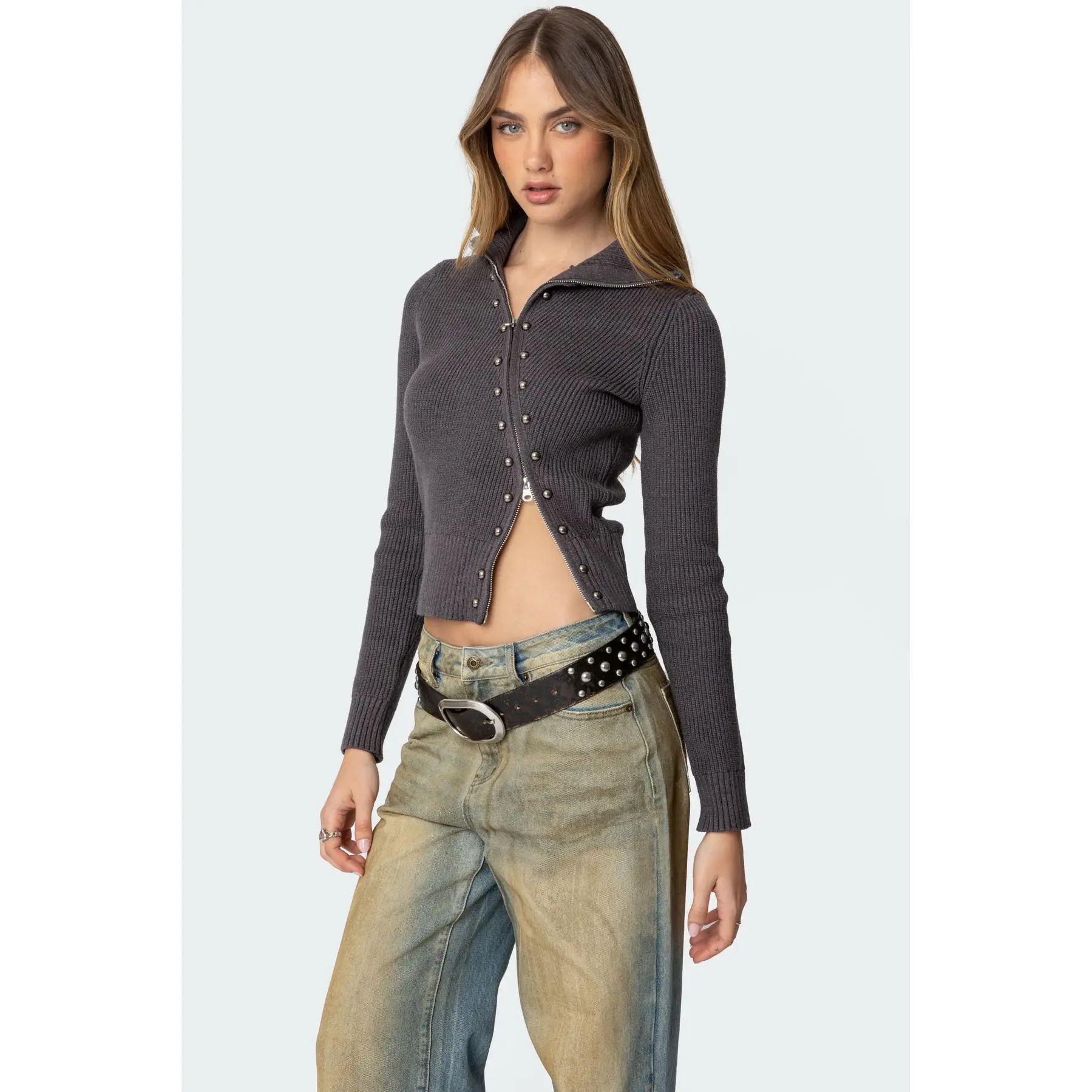 asymmetrical rib knit zip - TikTok Shop