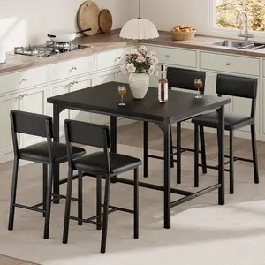 Garvee Dining Table Set for 4 w/ Backrest, Counter Height Table with 4 Upholstered Bar Stools, 5-Piece Kitchen Table Set with Footrest & Corner Protector, for Dining Room, Kitchen, Retro Black