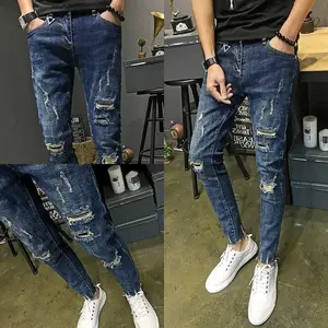 Retro Japanese Style Men's Slim Fit Jeans Spring Summer Trendy Brand Hole Punching Nine Points Casual Fashionable Jeans