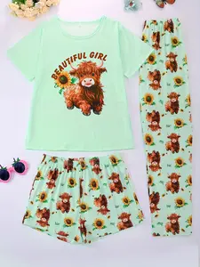 Women's Summer Cool Short Sleeve Pajama Set, 3 Piece Casual Round Neck Top & Elastic Shorts, All Season Comfortable Sleepwear, Nightwear Lounge Set