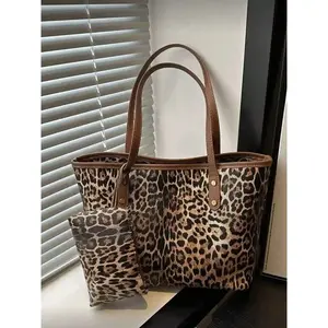 Women's Large Capacity Leopard Print Handbag Set, Fashion Vintage PU Shoulder Bag, Ideal for College Students, Newbies, Professionals