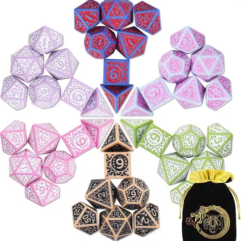 CIARAQ 6-Set 6x7 in Complex Carved Polyhedral Dice (42pcs) - Variety, Well Balanced for Dungeons and Dragons, Yahtzee - Waterproof Gold Pattern Velvet Drawstring Storage Pouch