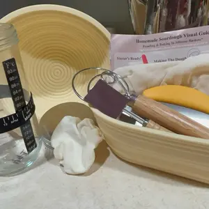 Sour dough Starter-To-Loaf Kit, Premium Silicone Oval & Round Bread Proofing Basket Set, Easy Baking Instructions, Complete Sourdough Kit, 34oz Sourdough Starter Jar With Accessories, Silicone Spatula, Danish Whisk, Dough Scraper, Scoring Knife, Bread Bag