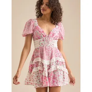 2025 Spring/Summer New French Retro Blue and White Porcelain Floral Lace Patchwork V-Neck Waist-Cinching Puff Short Sleeve Dress Casual Womenswear Bohemian Print Shortsleeve Fitted Boho